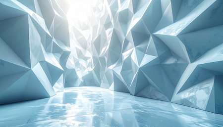 A futuristic abstract geometric ice cave interior with a reflective floor and bright lightの素材