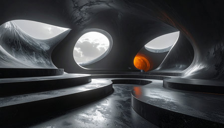 Futuristic interior with organic architecture, steps, and a glowing orange orb visible through an opening.の素材