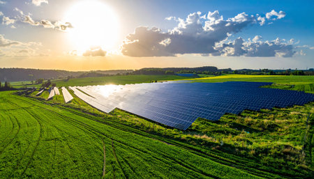 A vast solar panel array stretches across a green field under a bright sunset sky with dramatic clouds.の素材