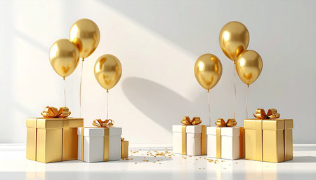 Golden balloons and gift boxes are arranged on a white surface with sunlight casting shadows.の素材
