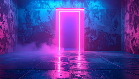 A glowing pink neon door stands in a dark, smoky concrete room with blue light. Clear details and vibrant colors enha...の素材
