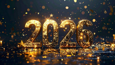 Gleaming gold 3D numbers 2026 are set against a dark background with scattered confetti and bright bokeh.の素材