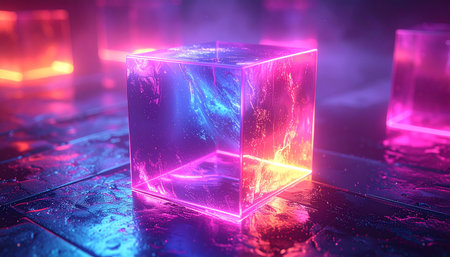 A translucent cube with swirling cosmic colors inside glows with neon pink and blue light on a wet, reflective surface.の素材
