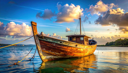 A weathered fishing boat is moored in calm water under a vibrant sunset sky. Clear details and vibrant colors enhance...の素材