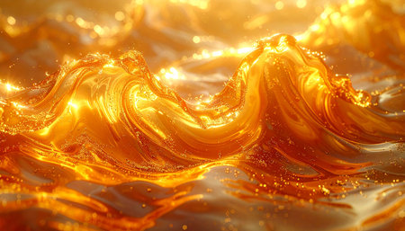 Golden liquid waves with sparkling glitter and bright sunlight effects creating a vibrant, abstract texture.の素材