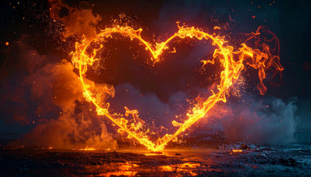 A heart shape outline ablaze with bright orange fire and smoke effects on a dark, textured ground.の素材