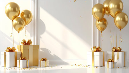 Golden balloons and gift boxes with gold ribbons are arranged on a white surface with confetti.の素材