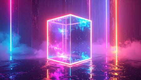 A glowing neon cube with a cosmic nebula inside sits on a wet, reflective surface with fog.の素材