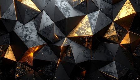 An intricate geometric mosaic made of black and gold textured triangles, creating a complex and luxurious surface...の素材