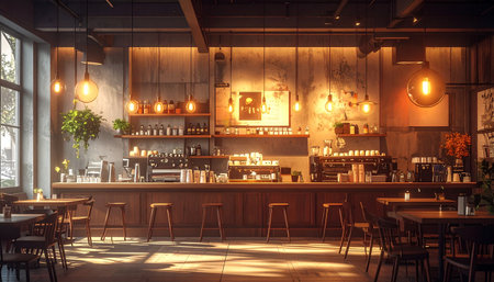 Industrial style cafe interior featuring a long wooden bar, pendant lighting, and seating areas.の素材