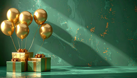 Golden balloons and gifts sit on a textured green surface with dramatic sunbeams and shadows.の素材