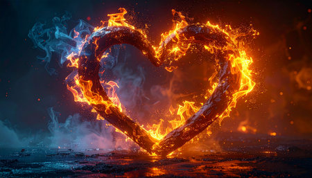 A heart shape on fire with vibrant orange flames and contrasting blue smoke. Clear details and vibrant colors enhance...の素材