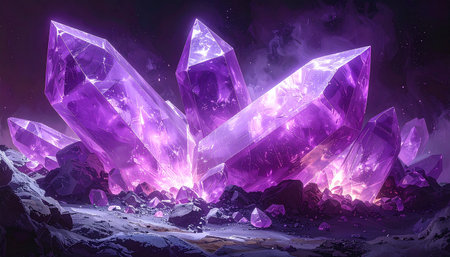 A cluster of luminous purple amethyst crystals rests on a rocky terrain, emitting a mystical glow.の素材