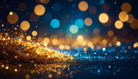 Abstract background with scattered golden glittering particles and blue bokeh lights creating a magical effectの素材