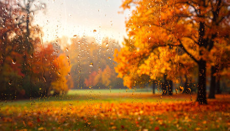 Golden autumn trees and a carpet of fallen leaves seen through a window covered in rain droplets.の素材