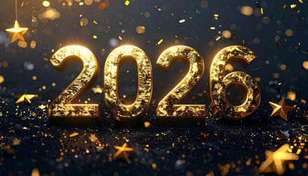 Illuminated golden 3D numbers 2026 with scattered confetti and stars against a dark background.の素材