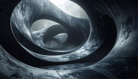 Abstract architectural forms twisting into infinity with textured surfaces and a moody atmosphere.の素材