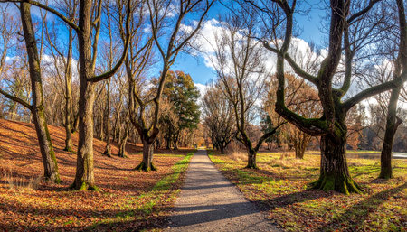 A gravel path leads through an autumn forest covered in fallen leaves with bare treesの素材