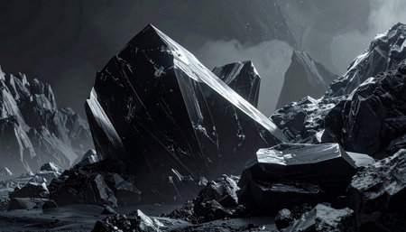 Large black crystal formations rise from a dark, rocky landscape under a dramatic, cloudy sky.の素材