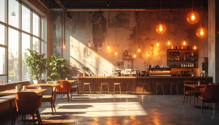 An industrial-style cafe with expansive windows, concrete walls, and warm pendant lights casting soft shadows.の素材