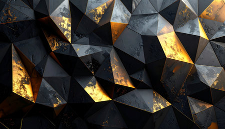 An intricate geometric mosaic of black and gold facets featuring rough, textured surfaces and glowing golden highlights.の素材