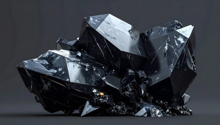 A large black obsidian crystal formation with sharp facets and a rough, textured surface.の素材