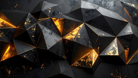 Light. showing abstract black and gold geometric faceted surface with textured details keywords: abstract,...の素材