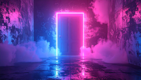 A closed door is framed by a bright pink and blue neon rectangle in a dark, textured concrete corridor with...の素材