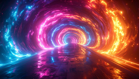 A vibrant neon tunnel with swirling cosmic energy in pink, blue, and orange, reflecting on a wet floor.の素材