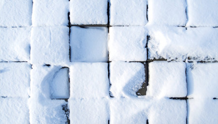 Top view of paving stones with varying amounts of snow, showing dark grey stone in places.の素材