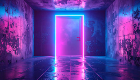 A neon-lit doorway in a textured concrete room illuminated by pink and blue lights with reflections.の素材
