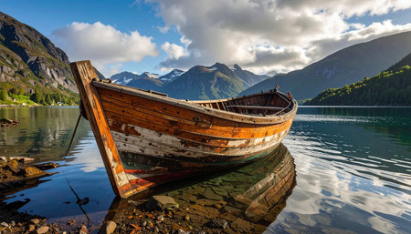 An old wooden boat is anchored near a rocky shoreline with majestic mountains in the background.の素材