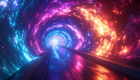 A vibrant neon cosmic tunnel with swirling galaxy nebulae and a reflective floor. Clear details and vibrant colors en...の素材