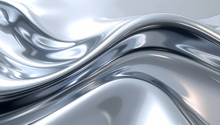 Abstract background formed by reflective liquid metal waves with smooth contours and subtle light play.の素材
