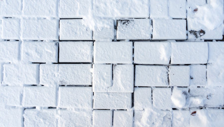 An overhead perspective of numerous paving stones of different shapes and sizes blanketed in snow.の素材