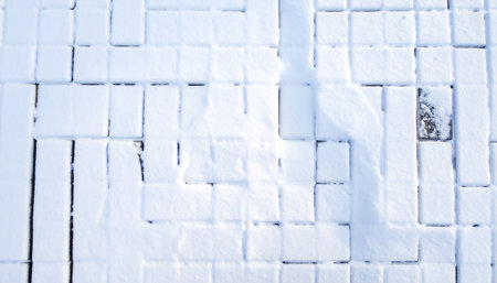Paving stones with varying snow cover reveal a detailed grid pattern, with some stones showing exposed surfaces.の素材