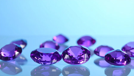 Many faceted purple amethyst gemstones are scattered and reflected on a shiny surface against a blue gradient...の素材