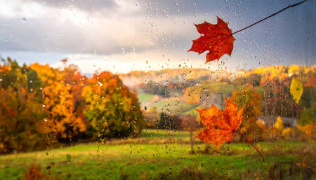 Red and orange autumn leaves on a wet window pane overlooking a misty valley with colorful treesの素材