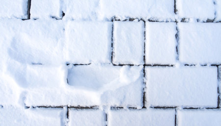 Overhead view of rectangular paving stones with uneven snow coverage creating a textured surface.の素材