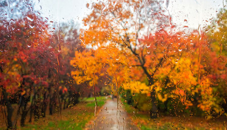 Rainy autumn park scene with red and orange trees viewed through water droplets on glass, blurred.の素材