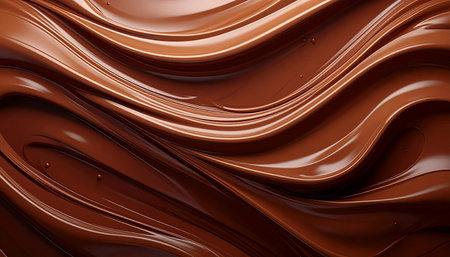 Abstract close-up of flowing dark chocolate with glossy highlights and smooth wavy textureの素材