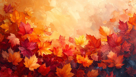 Autumn maple leaves in rich colors arranged along the bottom with a painterly, textured background.の素材