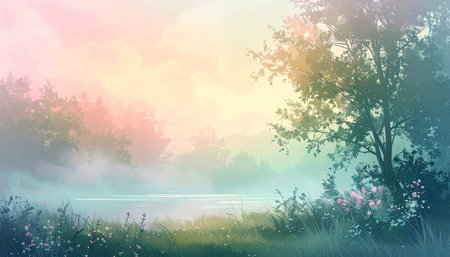 A misty forest lake at sunrise with soft pastel colors and scattered wildflowers in the foreground.の素材