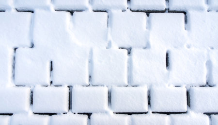A close-up view of rectangular paving stones completely covered in a thick layer of white snow, forming a textured...の素材