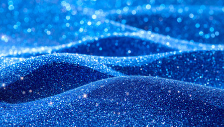 Rolling hills of blue glitter sand are illuminated by soft bokeh lights creating a dreamy, textured landscape.の素材
