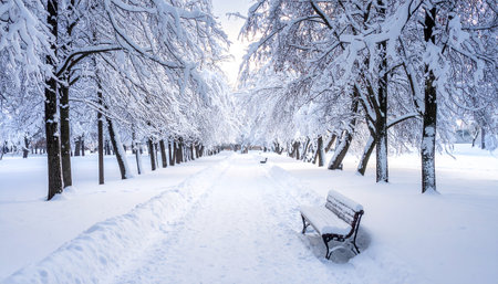 A snow-covered park bench sits beside a pathway through a winter park with frosted trees.の素材