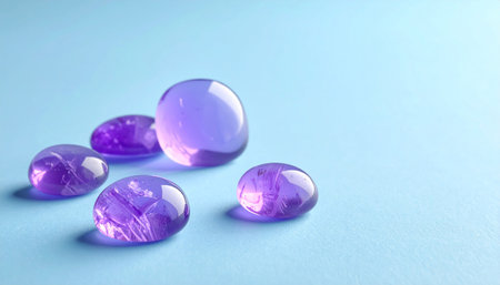 Several smooth purple amethyst gemstones in various shades are placed on a light blue surface with copy space.の素材