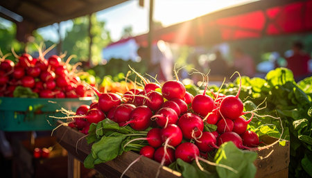 Close-up of a wooden crate filled with fresh red radishes and leafy greens at a sunlit market.の素材