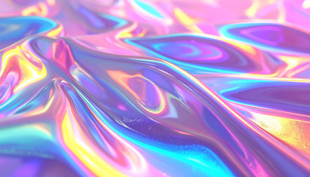 Smooth holographic surface with swirling pink blue yellow light reflections and a metallic sheenの素材
