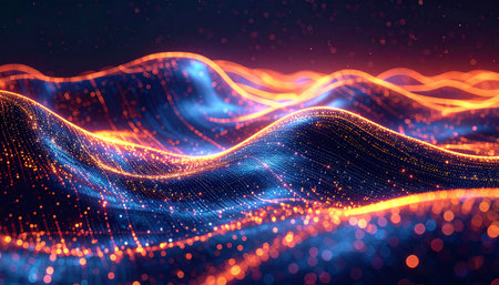 Vibrant abstract digital waves of blue and orange glowing particles with bokeh lights.の素材
